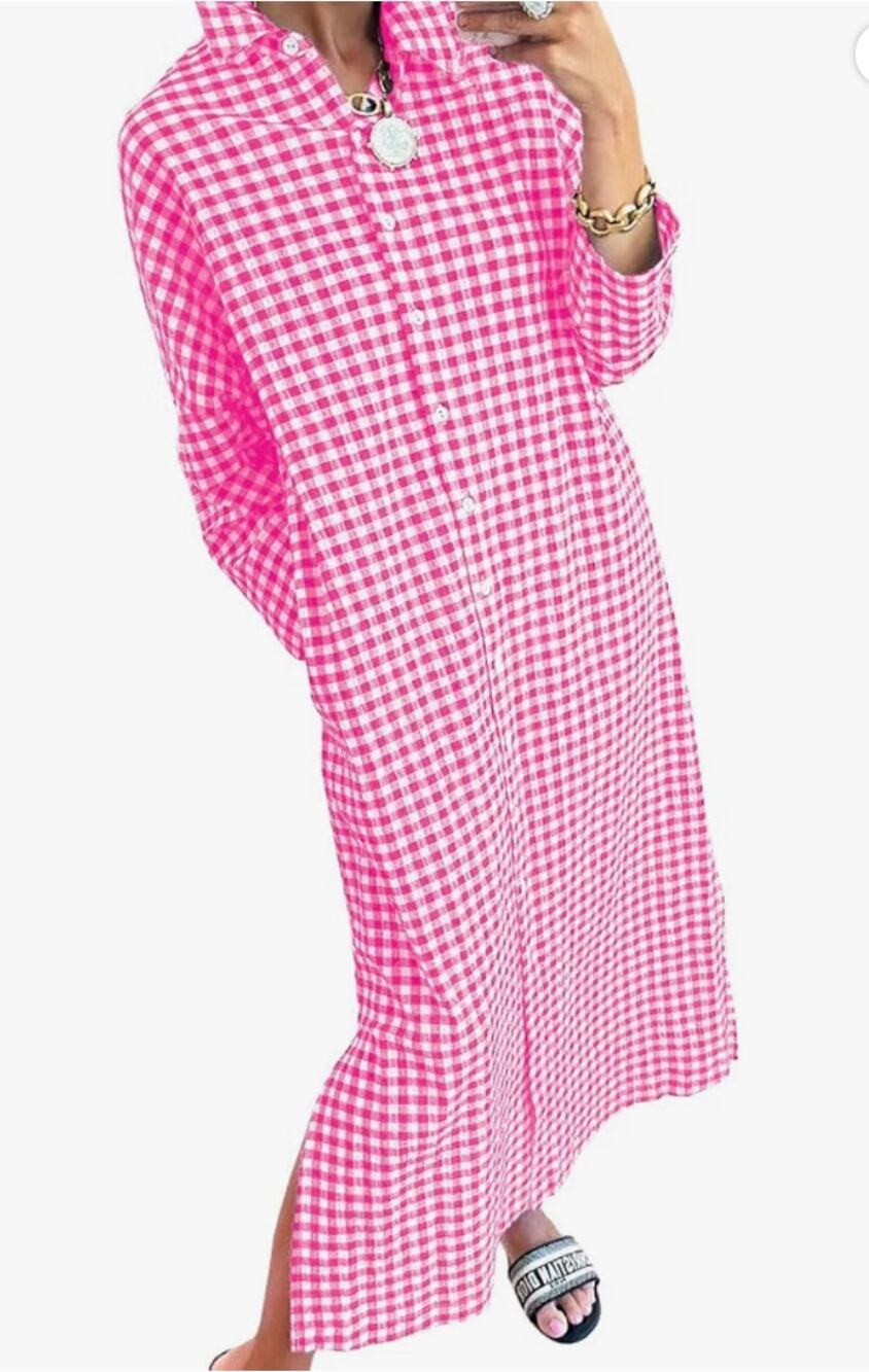 Casual Loose Button Down Shirt Dress Long Sleeve Side Slit Gingham Maxi Dress